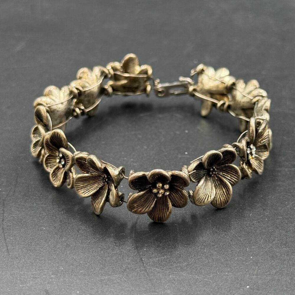 Vintage Fossil Floral Link Bracelet Silver Tone